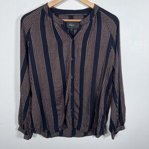 Rails Womens Button Up Shirt Sz M Stripes Metallic Black Brown Mock Neck Blouse